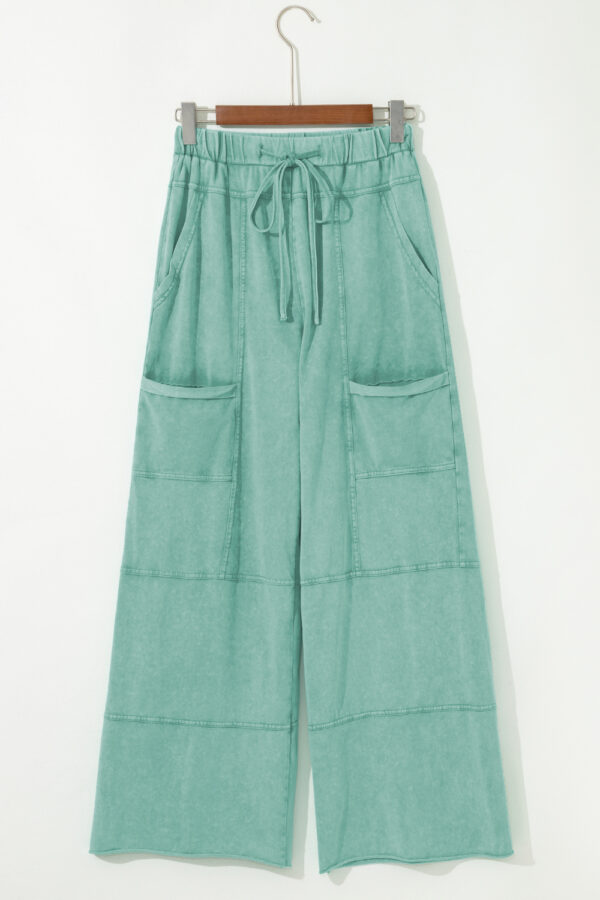 Mint Green Mineral Wash Exposed Seam Drawstring Elastic Waistband Wide Leg Cargo Pants