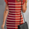 Khaki Stripe Color Block Quarter Zip Collar Short Sleeve Sweater Dress