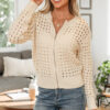 Beige Hollowed Pattern Knit Zip Up Drop Shoulder Sweater Cardigan