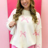 Pink Bow Print Ribbed Trim Exposed Seam Drop Shoulder Loose Sweater