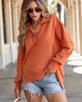 Orange Buttoned Collared Raw Detail High Low Baggy Sweatshirt with Slits