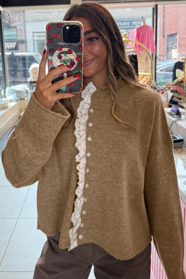 Simply Taupe Contrast Frilled Lace Trim Loose Cardigan Sweater