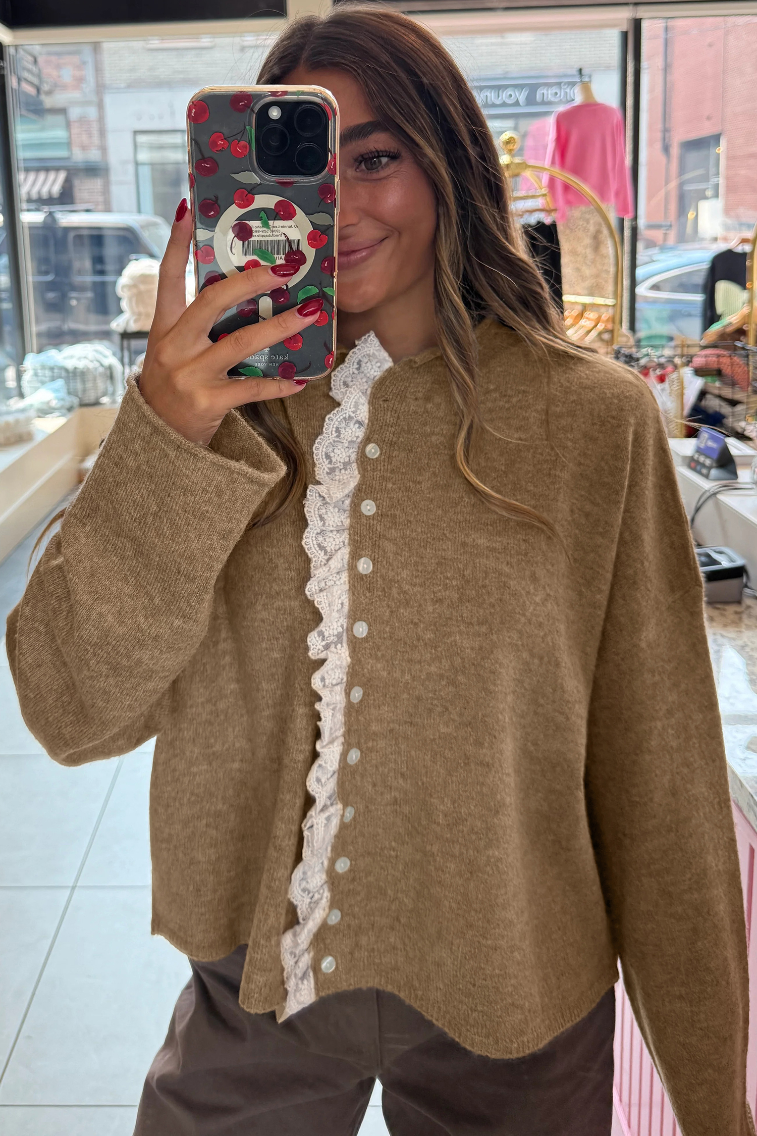 Simply Taupe Contrast Frilled Lace Trim Loose Cardigan Sweater - Image 4