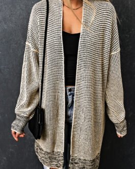 Apricot Plaid Knitted Long Open Front Cardigan