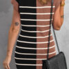 Khaki Stripe Color Block Quarter Zip Collar Short Sleeve Sweater Dress