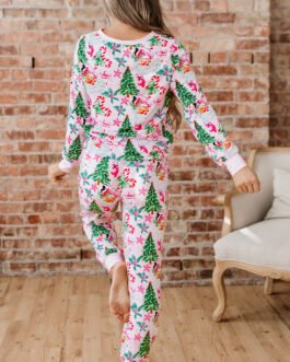 Pink Christmas Pattern Button V Neck Pullover Drawstring Pants 2pcs Lounge Set