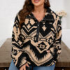 Black Plus Size Western Aztec Pattern Half Button Collared Plush Sweatshirt
