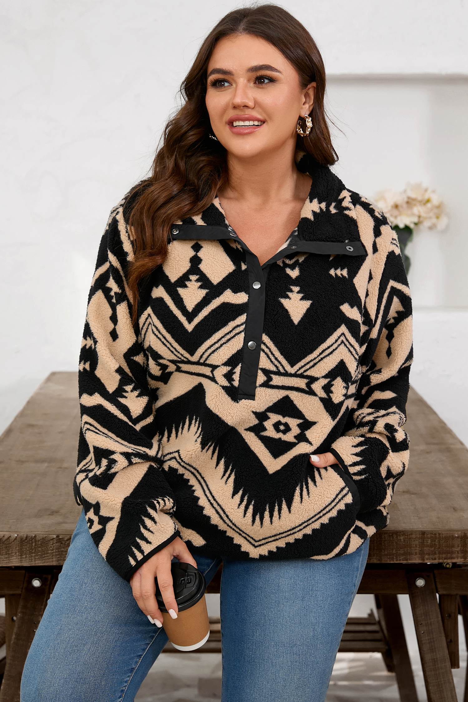 Black Plus Size Western Aztec Pattern Half Button Collared Plush Sweatshirt - Image 3