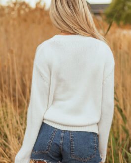 White Embroidered Bow Boots Graphic Drop Shoulder Sweater