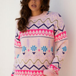 Multicolour Ethnic Christmas Pattern Knit Feather Cuffed Sweater