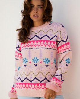 Multicolour Ethnic Christmas Pattern Knit Feather Cuffed Sweater