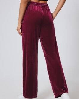 Burgundy Solid Drawstring Waist Wide Leg Pants