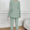 Grass Green Ribbed Notched Neck Knit Long Sleeve Leggings Two Pieces Lounge Set