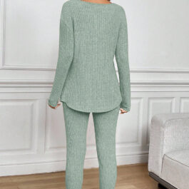 Grass Green Ribbed Notched Neck Knit Long Sleeve Leggings Two Pieces Lounge Set