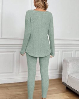 Grass Green Ribbed Notched Neck Knit Long Sleeve Leggings Two Pieces Lounge Set