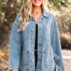 Beau Blue Multi Patched Pockets Side Tie up Boyfriend Style Denim Jacket
