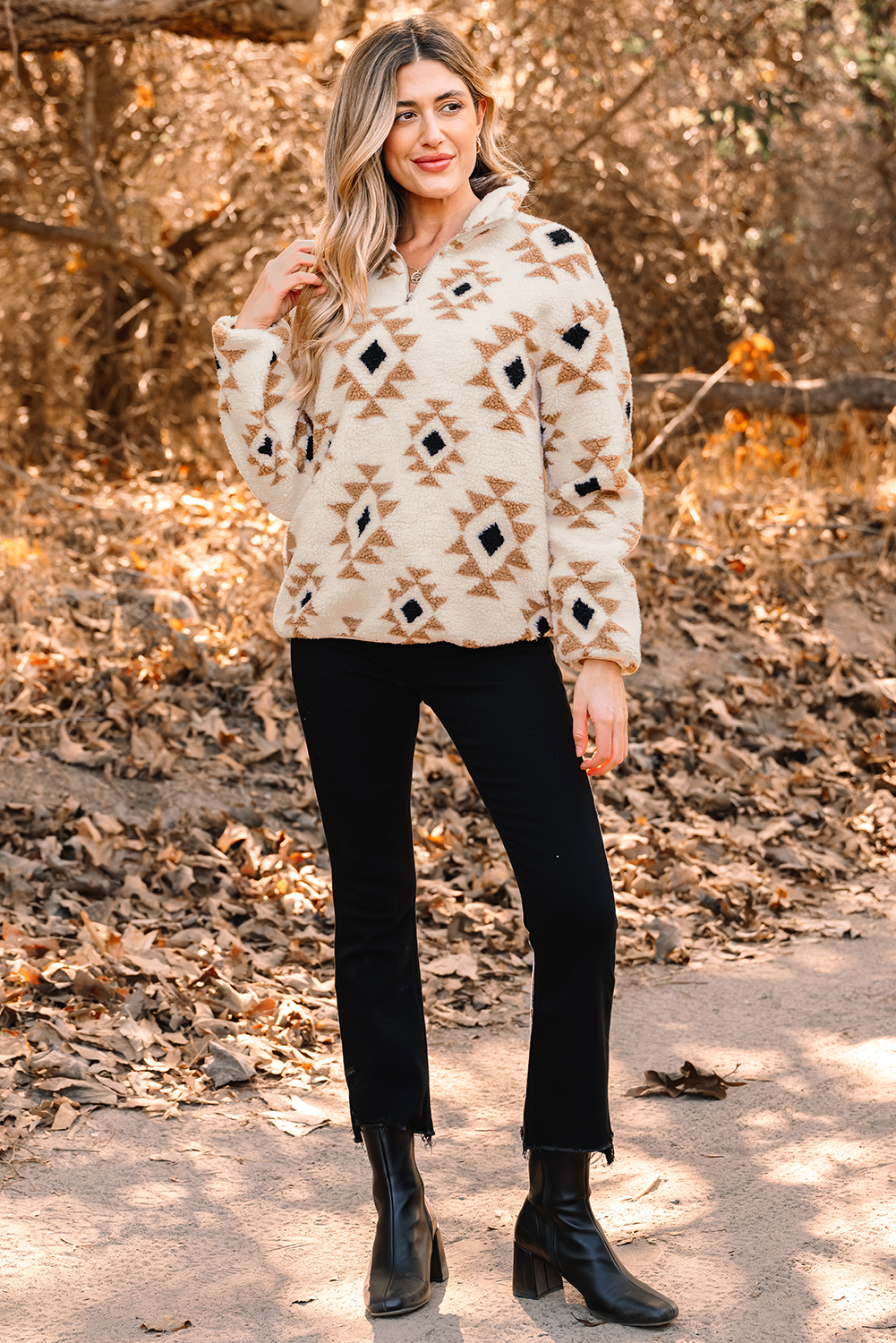 Khaki Aztec Print Sherpa Quarter Zip Collar Sweatshirt - Image 6