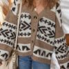 Dark Khaki Ethnic Geometric Pattern Button Front V Neck Sweater Cardigan