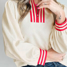White Textured Knit Contrast Striped Accent Zipped Collar Pullover Top