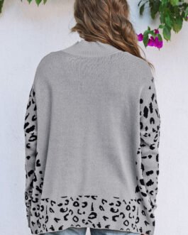 Gray Leopard High Neck Side Slit Oversized Sweater