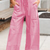 Bonbon Mineral Wash Exposed Seam Drawstring Elastic Waistband Wide Leg Cargo Pants