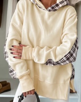 Beige Plaid Patchwork Side Slit Sweatshirt