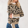 Dearlovers Brown Leopard Pattern Lace Ribbed Detail Button Cuffed Sweater