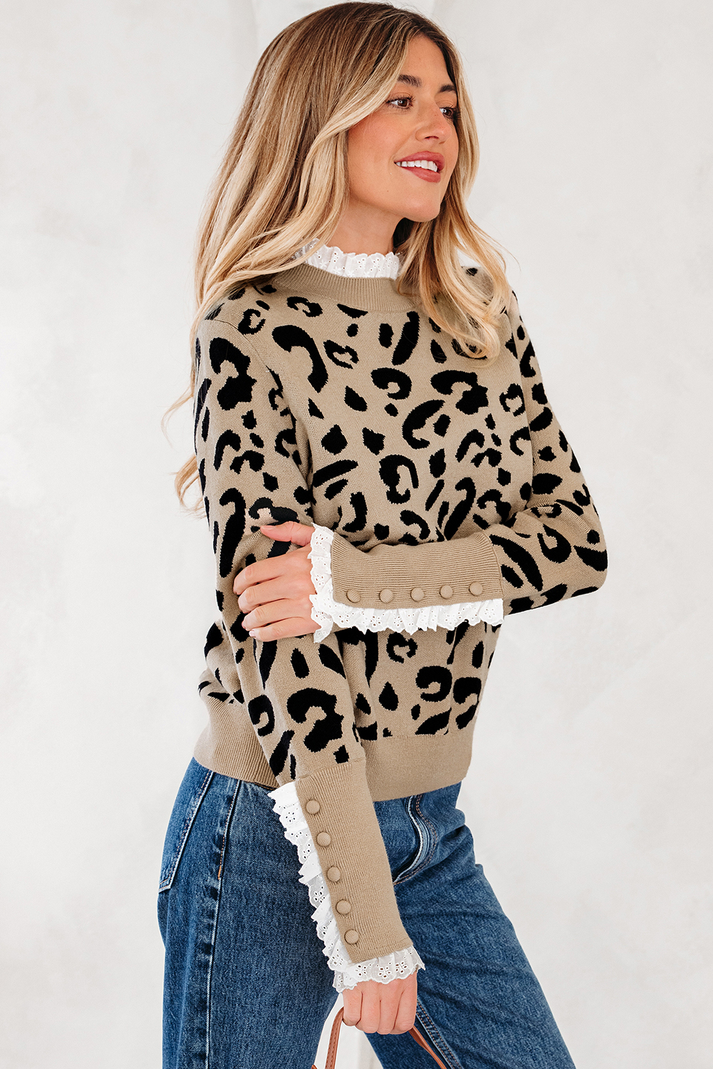 Dearlovers Brown Leopard Pattern Lace Ribbed Detail Button Cuffed Sweater - Image 3
