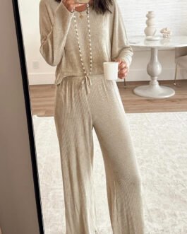 Jet Stream 3D Ribbed V Neck Pullover Drawstring Pants 2 Piece Lounge Set