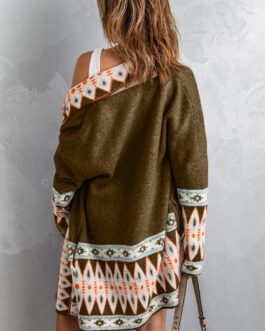 Brown Aztec Print Open Front Knitted Cardigan
