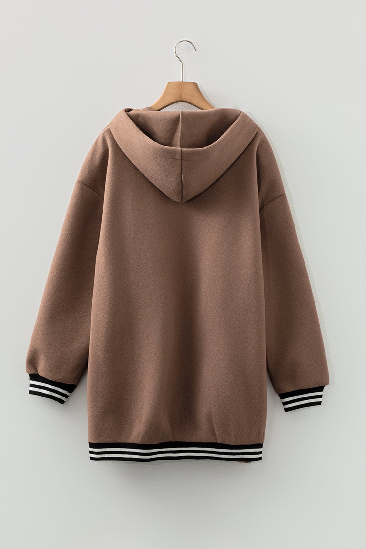 Dark Khaki Contrast Cuffed Drop Shoulder Zip up Tunic Hoodie - Image 6