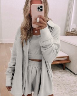 Gray 3 Pcs Crop Tank Top Shorts with Cardigan Lounge Set