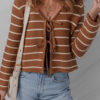 Chestnut Tie Front Striped Knit V Neck Cardigan Sweater