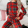 Red Festive Plaid Print Round Neck Long Sleeve and Pants 2 Piece Lounge Set