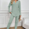 Grass Green Ribbed Notched Neck Knit Long Sleeve Leggings Two Pieces Lounge Set