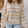 Pink Stripe Ribbed Edge Drop Shoulder Sweater