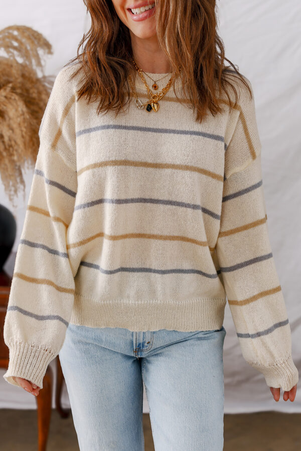 Pink Stripe Ribbed Edge Drop Shoulder Sweater