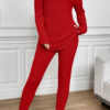 Racing Red Ribbed Notched Neck Knit Long Sleeve Leggings Two Pieces Lounge Set