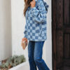 Sky Blue Checkerboard Zipped Neck Kangaroo Pocket Denim Hoodie