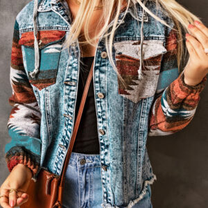 92999805-3ca18e1ba3c0435c.jpg Multicolor Aztec Print Frayed Hem Denim Jacket