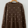 Coffee Dotted Print Ribbed Edge Knit Sweater
