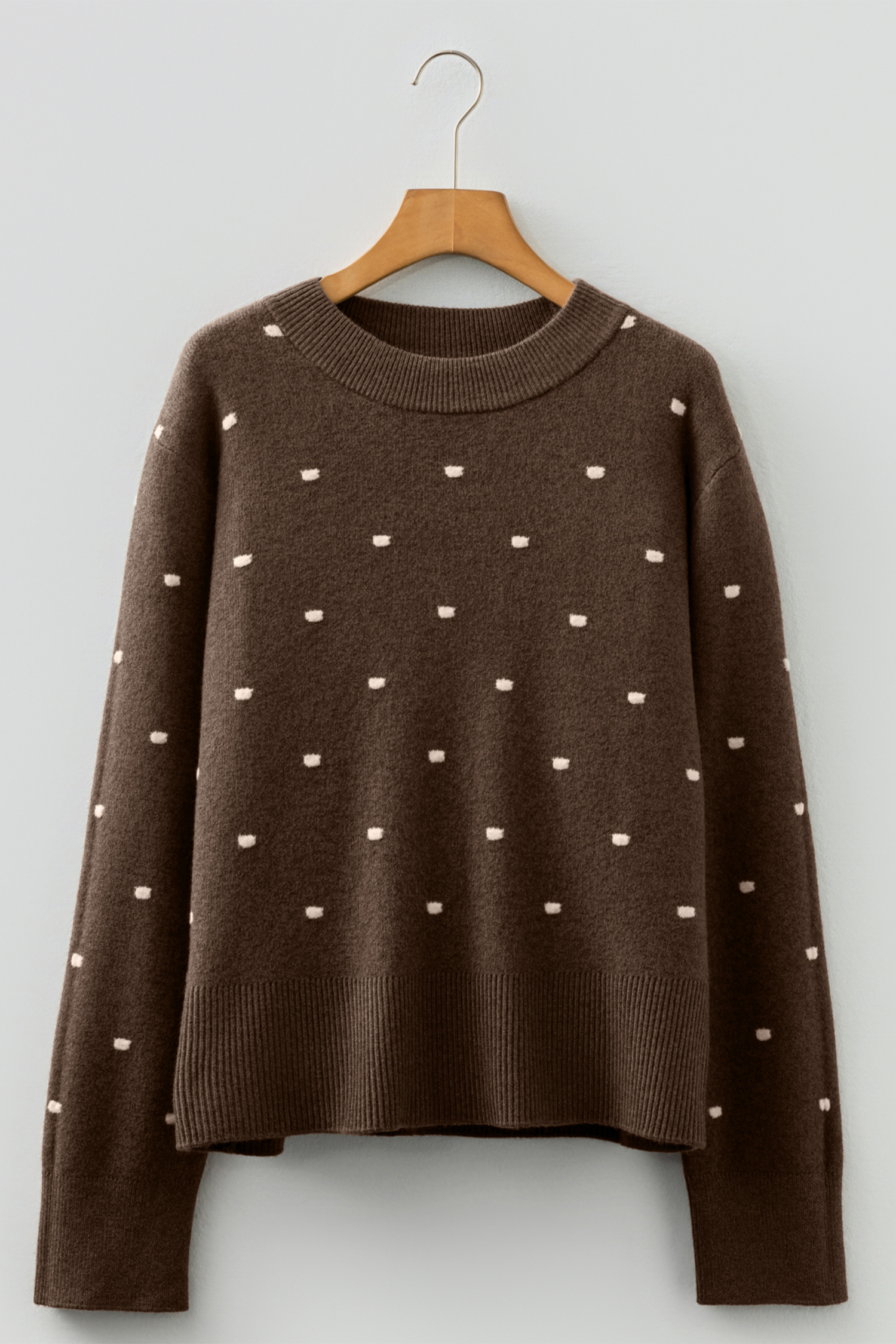 Coffee Dotted Print Ribbed Edge Knit Sweater - Image 4