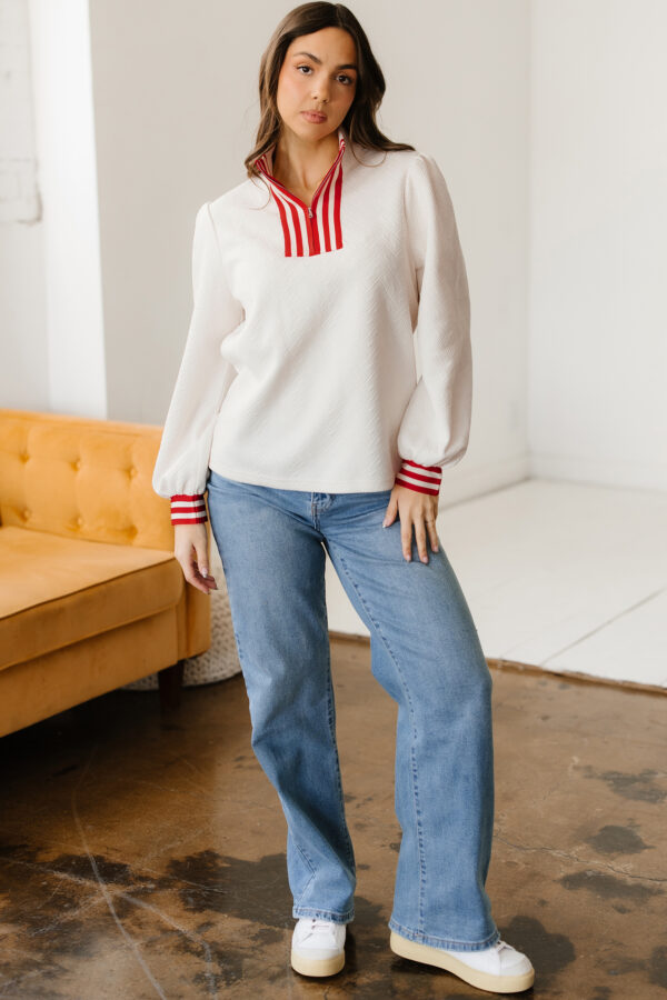White Textured Knit Contrast Striped Accent Zipped Collar Pullover Top