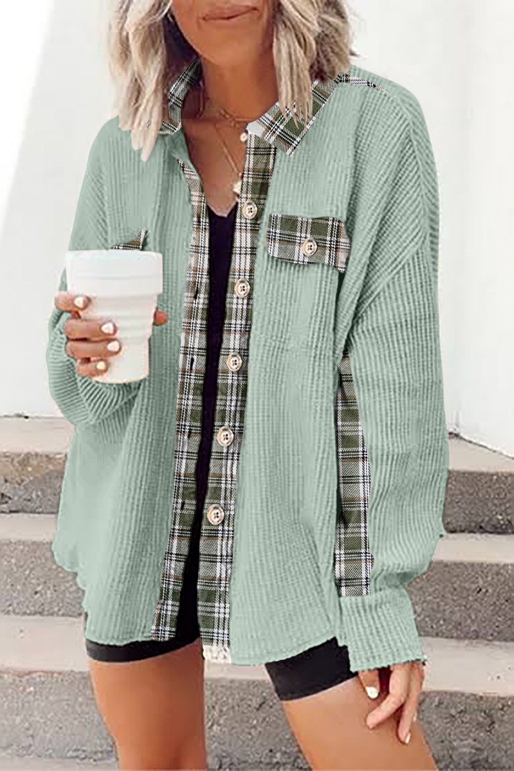 Grass Green Plaid Patchwork Waffle Thermal Knit Shacket - Image 3