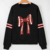 Black Varsity Baseball Bow Graphic Striped Sleeve Baggy Sweatshirt