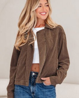 Dark Khaki Button Zip Up Lapel Collar Corduroy Jacket