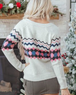 Pink Stripe Geometric Button Up Sweater Cardigan