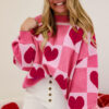 Pink Love Heart Checkered Valentine Crew Neck Sweater
