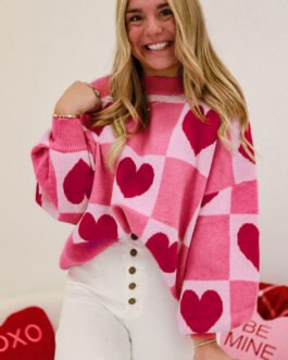 Pink Love Heart Checkered Valentine Crew Neck Sweater