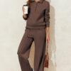 Dark Brown Solid Collared Sweatshirt and High Waist Pants Active Set